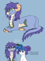 Size: 2115x2843 | Tagged: safe, artist:jolliapplegirl, imported from derpibooru, rarity, oc, oc:lapis hondo lazuli, hybrid, kirin, adopted offspring, dialogue, female, glowing horn, interspecies, male, mother and son, next generation, offspring, parent:fancypants, parent:rarity, parent:unnamed oc, parents:canon x oc, scales