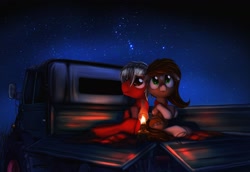 Size: 1400x964 | Tagged: source needed, useless source url, safe, artist:darkstylerz, imported from derpibooru, oc, oc only, pony, female, lamp, male, mare, night, sitting, stallion, stargazing, truck