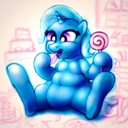Size: 1280x1280 | Tagged: safe, artist:remyroez, imported from derpibooru, trixie, pony, unicorn, belly button, cake, candy, chubby, fat, female, food, happy, solo, the great and bountiful trixie, traditional art