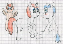 Size: 5067x3520 | Tagged: safe, artist:geljado, imported from derpibooru, oc, oc only, oc:flower follow, oc:geljado, oc:specially clopps, blushing, colored, colored sketch, drawing, graph paper, lined paper, sketch, traditional art