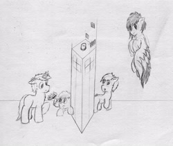 Size: 4380x3695 | Tagged: safe, artist:geljado, imported from derpibooru, rainbow dash, oc, oc:geljado, doctor who, drawing, floppy ears, monochrome, simple background, sketch, tardis, traditional art