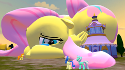 Size: 1920x1080 | Tagged: safe, artist:cinnamonbunssfm, artist:stationmaster2002, imported from derpibooru, bon bon, carrot top, fluttershy, golden harvest, lyra heartstrings, sweetie drops, pony, 3d, boutique, carousel boutique, crying, giant pony, giantess, giantshy, macro