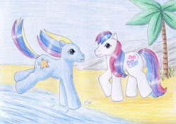 Size: 1024x726 | Tagged: safe, artist:normaleeinsane, imported from derpibooru, bow tie (g3), bowtie (g3), seaspray (g3), beach, duo, g3, traditional art