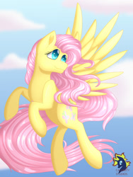 Size: 1024x1365 | Tagged: safe, artist:calamity-studios, imported from derpibooru, fluttershy, pegasus, pony, cloud, female, flying, head turn, looking away, sky, smiling, solo, spread wings, turned head, wings