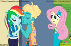 Size: 1239x803 | Tagged: safe, artist:conikiblasu-fan, imported from derpibooru, fluttershy, rainbow dash, zephyr breeze, equestria girls, equestria girls series, overpowered (equestria girls), blushing, clothes, dress, female, imminent kissing, male, patreon, patreon logo, shipping, straight, that escalated quickly, zephdash