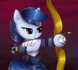 Size: 1003x900 | Tagged: safe, artist:nika191319, imported from derpibooru, archer (character), scootablue, pony, archer, arrow, bow (weapon), bow and arrow, clothes, female, filly, namesake, pun, solo, visual pun, weapon