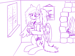 Size: 4000x3000 | Tagged: safe, artist:liserancascade, imported from derpibooru, oc, oc only, oc:silica tetrahedron, pegasus, pony, chocolate, clothes, fireplace, food, hot chocolate, monochrome, scarf, snow