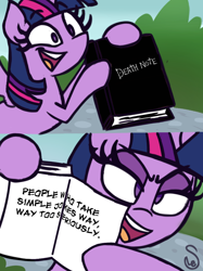 Size: 1080x1442 | Tagged: safe, artist:quarium edits, imported from derpibooru, twilight sparkle, alicorn, pony, death note, ed edd n eddy, exploitable meme, female, lidded eyes, meme, solo, twilight sparkle (alicorn), twilight's death note, twilight's fact book