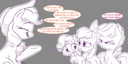 Size: 2400x1200 | Tagged: safe, artist:dilarus, deleted from derpibooru, imported from derpibooru, apple bloom, applejack, scootaloo, sweetie belle, earth pony, pegasus, pony, unicorn, meet-the-pones, the cutie mark chronicles, cowboy hat, cutie mark crusaders, dialogue, eyes closed, female, filly, gray background, hat, mare, monochrome, simple background, smiling, squint, vulgar