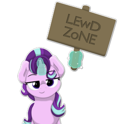 Size: 2236x2236 | Tagged: safe, artist:ljdamz1119, edit, imported from derpibooru, starlight glimmer, pony, unicorn, bedroom eyes, female, glowing horn, holding sign, innuendo, levitation, lewd, lidded eyes, looking at you, magic, magic aura, mare, reaction image, sign, simple background, smiling, solo, telekinesis, transparent background