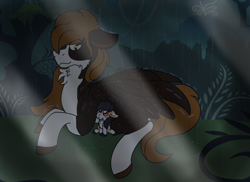 Size: 2896x2104 | Tagged: safe, artist:euspuche, imported from derpibooru, oc, oc only, oc:liliya krasnyy, oc:punish mittet, earth pony, pegasus, pony, father and daughter, female, filly, forest, male, rain