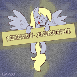 Size: 1000x1000 | Tagged: safe, artist:empyu, imported from derpibooru, derpy hooves, pegasus, pony, eyes closed, female, mare, sign, smiling, solo, technical difficulties