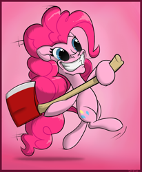 Size: 700x850 | Tagged: safe, artist:hc0, imported from derpibooru, pinkie pie, pony, axe, big smile, female, solo, weapon