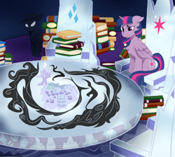 Size: 1100x985 | Tagged: safe, artist:dbkit, imported from derpibooru, twilight sparkle, alicorn, pony, fanfic:no one to remember, book, commission, cover art, cutie map, female, fimfiction, friendship throne, mare, ponyville, smoke, table, twilight sparkle (alicorn)