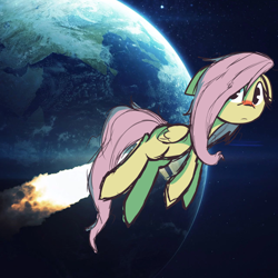 Size: 1280x1280 | Tagged: safe, artist:lilboulder, imported from derpibooru, fluttershy, pegasus, pony, earth, female, flying, looking at you, mare, messy mane, rocket, sick, solo, space, wat