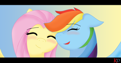 Size: 2164x1136 | Tagged: safe, artist:khaotixdreamfd, imported from derpibooru, fluttershy, rainbow dash, pegasus, pony, blushing, eyes closed, female, flutterdash, happy, lesbian, mare, shipping, signature