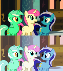 Size: 1280x1440 | Tagged: safe, edit, edited screencap, imported from derpibooru, screencap, lyra heartstrings, minuette, twinkleshine, a canterlot wedding, comparison, retro, retro filter, vintage