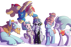 Size: 3089x2054 | Tagged: safe, artist:heyerika, imported from derpibooru, flash magnus, meadowbrook, mistmane, rockhoof, somnambula, star swirl the bearded, earth pony, pegasus, pony, unicorn, shadow play, casual, clothes, female, funny, male, mare, modern fashion, pillars of equestria, stallion, sunglasses