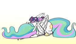 Size: 4200x2413 | Tagged: safe, artist:greyscaleart, imported from derpibooru, princess celestia, twilight sparkle, alicorn, pony, unicorn, the tiny apprentice, cute, duo, female, filly, filly twilight sparkle, gradient background, high res, mare, momlestia, sleeping, teacher, teacher and student, twiabetes, younger