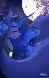 Size: 1024x1627 | Tagged: safe, alternate version, artist:midnightpremiere, imported from derpibooru, princess luna, alicorn, commission, constellation, crying, eyes closed, female, mare, mare in the moon, moon, night, solo