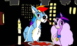 Size: 1000x600 | Tagged: safe, artist:selfirtwidash15, imported from derpibooru, rainbow dash, twilight sparkle, dog, candle, crossover, disney, duo, female, food, lady and the tramp, lesbian, littlest pet shop, parody, pasta, rainbow dog, shipping, spaghetti, spaghetti scene, species swap, twidash, twilight barkle, zoe trent