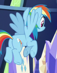 Size: 244x311 | Tagged: safe, imported from derpibooru, screencap, rainbow dash, pegasus, pony, shadow play, butt, cropped, female, mare, plot, smiling, solo, spread wings, wings