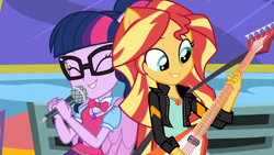 Size: 1280x720 | Tagged: safe, imported from derpibooru, screencap, sci-twi, sunset shimmer, twilight sparkle, eqg summertime shorts, equestria girls, get the show on the road, bowtie, bus, clothes, cute, duo, electric guitar, eyes closed, flying v, geode of empathy, geode of telekinesis, glasses, guitar, jacket, leather jacket, microphone, musical instrument, ponied up, scitwilicorn, shimmerbetes, singing, sunset shredder, twiabetes, wings