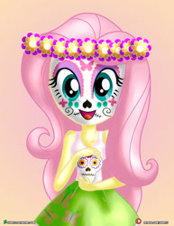 Size: 1500x1942 | Tagged: safe, artist:dieart77, imported from derpibooru, fluttershy, human, equestria girls, clothes, cute, dia de los muertos, face paint, female, looking at you, open mouth, shyabetes, skirt, skull, solo, tanktop