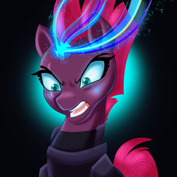 Size: 2224x2224 | Tagged: safe, artist:mlp-firefox5013, imported from derpibooru, tempest shadow, my little pony: the movie, angry, armor, black background, broken horn, female, open mouth, simple background, solo