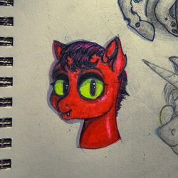 Size: 1878x1878 | Tagged: safe, artist:kamorkakat, imported from derpibooru, cat pony, demon pony, original species, pony, unicorn, bust, cat ears, cat eyes, drawing, green eyes, head, heck, marker drawing, paper, pencil drawing, portrait, slit eyes, slit pupils, traditional art