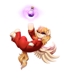 Size: 1899x2151 | Tagged: safe, alternate version, artist:confetticakez, imported from derpibooru, oc, oc only, oc:melody (potion mare), pegasus, pony, fanfic:potion mare, alchemist, bottle, clothes, digital art, fanfic, fanfic art, female, levitation, long mane, magic, mare, potion, purple eyes, reaching, reaching out, robe, simple background, smiling, solo, spread wings, telekinesis, upside down, white background, wings