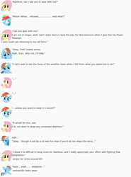 Size: 850x1150 | Tagged: safe, artist:dziadek1990, imported from derpibooru, fluttershy, harry, rainbow dash, conversation, dialogue, emote story, emotes, grumpy, hug, massage, promise, reddit, sigh, slice of life, sparring, text, training