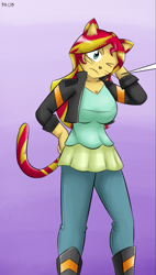 Size: 535x940 | Tagged: safe, artist:dinobirdofdoom, imported from derpibooru, sunset shimmer, cat, human, equestria girls, big breasts, boots, breasts, busty sunset shimmer, cat nose, cat tail, catgirl, catified, clothes, commission, cropcon, cropped, cute, explicit source, female, huge breasts, jacket, jeans, nyanset shimmer, one eye closed, pants, ponytail, shoes, solo, species swap, tail, whiskers