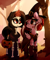 Size: 3117x3744 | Tagged: safe, artist:bloodatius, artist:luxaestas, imported from derpibooru, oc, oc only, oc:cherry blossom, oc:shurelya, pegasus, pony, unicorn, clothes, costume, couple, female, glowing horn, halloween, holiday, lesbian, looking at each other, magic, oc x oc, pumpkin bucket, shipping, skeleton costume, smiling, tongue out, tree, witch