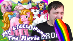 Size: 1366x768 | Tagged: safe, alternate version, artist:sb1991, imported from derpibooru, human, pony, my little pony: the movie (g1), advertisement, brony, irl, irl human, photo, puking rainbows, title card, vomit, vomiting, youtube