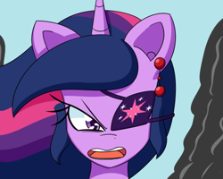 Size: 500x400 | Tagged: safe, artist:jake heritagu, imported from derpibooru, twilight sparkle, pony, comic:ask motherly scootaloo, angry, ear piercing, earring, eyepatch, female, jewelry, piercing, smoke, solo