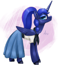 Size: 1974x2193 | Tagged: source needed, safe, artist:ari-the-artist, imported from derpibooru, princess luna, alicorn, pony, clothes, digital art, dress, female, looking at you, mare, signature, solo