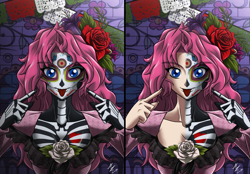 Size: 3200x2222 | Tagged: safe, artist:mauroz, imported from derpibooru, pinkie pie, human, clothes, dia de los muertos, face paint, female, humanized, looking at you, pinkamena diane pie, smiling, solo