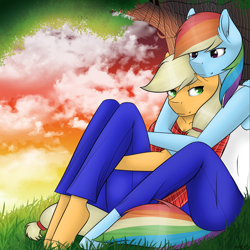 Size: 2500x2500 | Tagged: safe, artist:acidthead, imported from derpibooru, applejack, rainbow dash, anthro, unguligrade anthro, against tree, appledash, clothes, commission, female, lesbian, pants, shipping, sunset, tree, under the tree