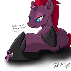 Size: 2000x2000 | Tagged: safe, artist:kingkrail, artist:tsitra360, derpibooru exclusive, edit, imported from derpibooru, tempest shadow, twilight sparkle, alicorn, pony, my little pony: the movie, dialogue, floppy ears, horseshoes, macro, micro, simple background, transparent background, twilight sparkle (alicorn)