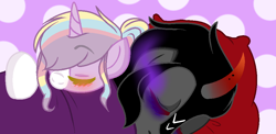 Size: 986x482 | Tagged: safe, artist:nikkitatheanimefan, imported from derpibooru, king sombra, oc, oc:snow splat, pony, unicorn, blushing, canon x oc, female, male, mare, shipping, sleeping, stallion, straight