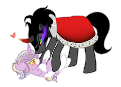 Size: 1941x1409 | Tagged: safe, artist:nikkitatheanimefan, imported from derpibooru, king sombra, oc, oc:snow splat, pony, unicorn, blushing, canon x oc, eye contact, female, heart, looking at each other, male, mare, on back, shipping, simple background, size difference, stallion, straight, transparent background