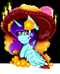 Size: 3000x3687 | Tagged: safe, artist:shamy-crist, imported from derpibooru, oc, oc only, oc:sunny crist, alicorn, pony, candle, female, heterochromia, high res, mare, solo, sombrero