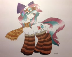 Size: 2048x1630 | Tagged: safe, artist:anonymousnekodos, imported from derpibooru, oc, oc only, oc:invert sugar, pony, unicorn, bow, clothes, female, goggles, hair bow, mare, scarf, socks, solo, striped socks, traditional art