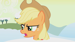 Size: 1280x720 | Tagged: safe, imported from derpibooru, screencap, applejack, earth pony, pony, winter wrap up, angry, cowboy hat, female, hat, mare, snow, solo