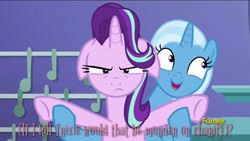 Size: 800x450 | Tagged: safe, edit, edited screencap, imported from derpibooru, screencap, starlight glimmer, trixie, all bottled up, don bluth, floppy ears, implied murder, rock-a-doodle, trixie's puppeteering