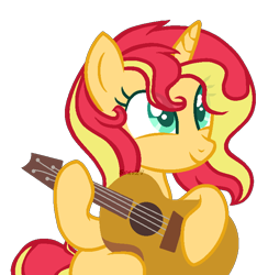Size: 702x720 | Tagged: safe, artist:lazuli, artist:mint-light, imported from derpibooru, sunset shimmer, pony, unicorn, alternate hairstyle, base used, female, guitar, hair, mare, ms paint, simple background, transparent background