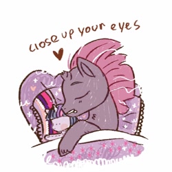Size: 1280x1280 | Tagged: safe, artist:koriofoxx, imported from derpibooru, fizzlepop berrytwist, tempest shadow, twilight sparkle, pony, unicorn, my little pony: the movie, bed, blanket, broken horn, eyes closed, female, heart, implied tempestlight, lesbian, mare, open up your *very* eyes, open up your eyes, pillow, plushie, profile, shipping, simple background, sleeping, solo, sweet dreams fuel, tempestlight, twilight sparkle plushie, unshorn fetlocks, white background