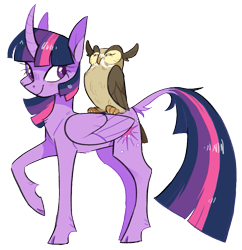 Size: 763x789 | Tagged: safe, artist:xenon, imported from derpibooru, owlowiscious, twilight sparkle, alicorn, pony, cloven hooves, curved horn, female, folded wings, leonine tail, mare, raised hoof, simple background, transparent background, twilight sparkle (alicorn), unshorn fetlocks