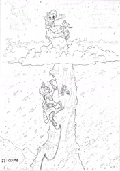 Size: 1200x1708 | Tagged: safe, artist:gor1ck, imported from derpibooru, pinkie pie, climbing, cloud, cup, cupcake, food, hammer, ice ax, monochrome, rope, snow, snowfall, teacup, traditional art